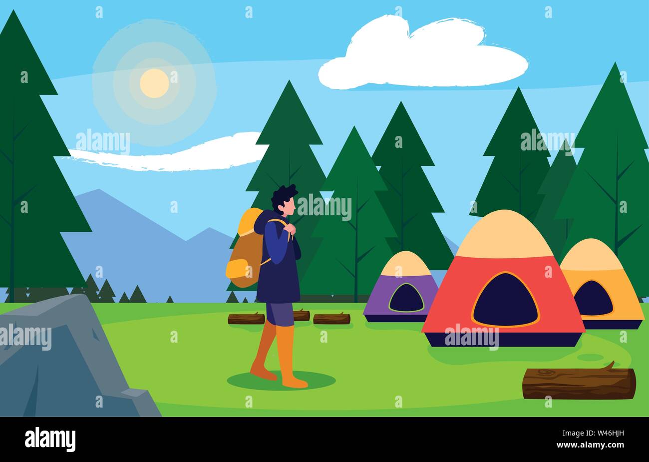 man camping tent forest tents trees field vector illustration Stock ...