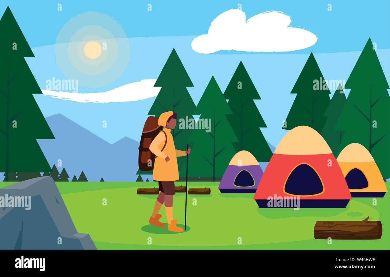 man camping tent forest tents trees field vector illustration Stock ...