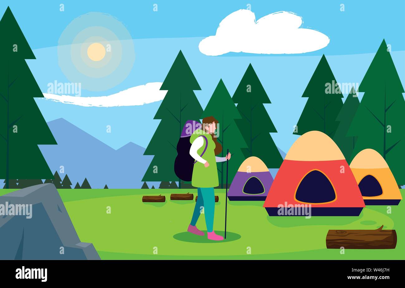 man camping tent forest tents trees field vector illustration Stock ...