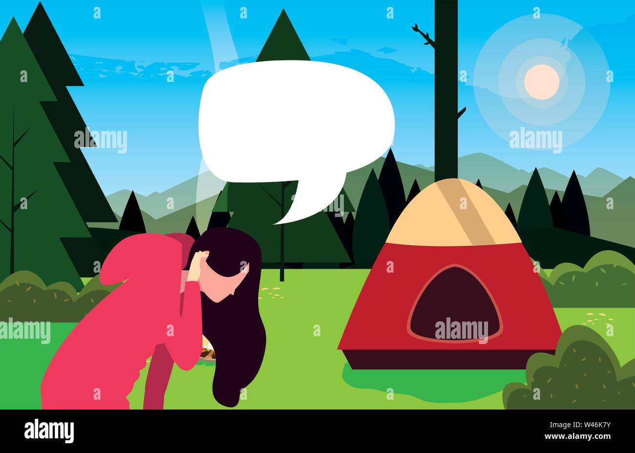 woman camping tent forest trees field vector illustration Stock Vector ...