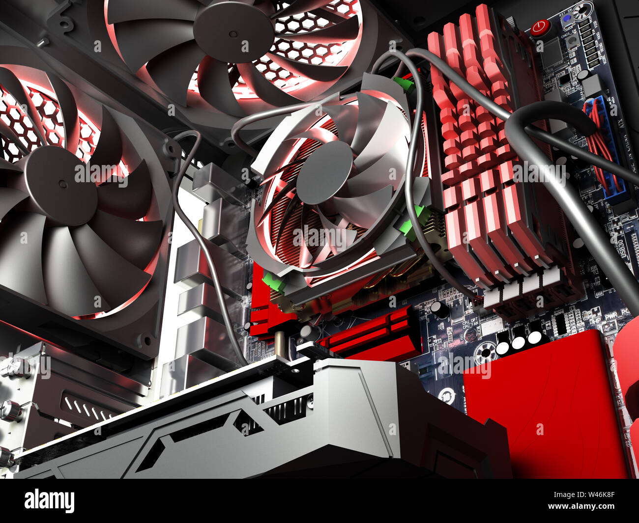 Close Up Of Open Pc Case With Internal Parts Motherboard Cooler