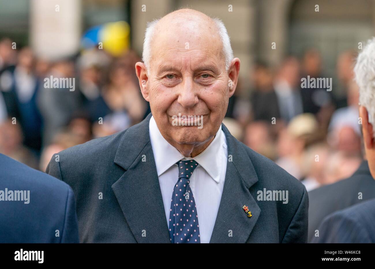 Berlin, Germany. 20th July, 2019. Berthold Maria Schenk Graf von Stauffenberg, the oldest of a total of five children of Claus Schenk Graf von Stauffenberg, commemorates the resistance against the National Socialist tyranny on the occasion of the 75th anniversary of the unsuccessful assassination of Adolf Hitler on 20 July 1944 in the Bendlerblock. Credit: Michael Kappeler/dpa/Alamy Live News Stock Photo