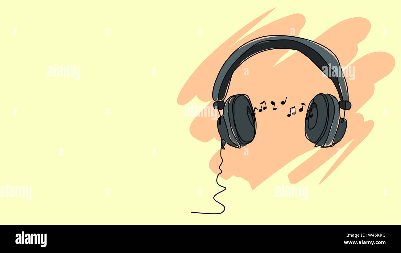 headphone hear music notes single line bad drawing with water color efect flat style illustration Stock Vector