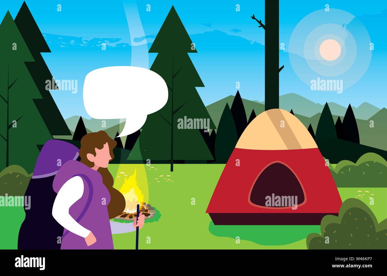 woman camping tent forest trees field vector illustration Stock Vector ...