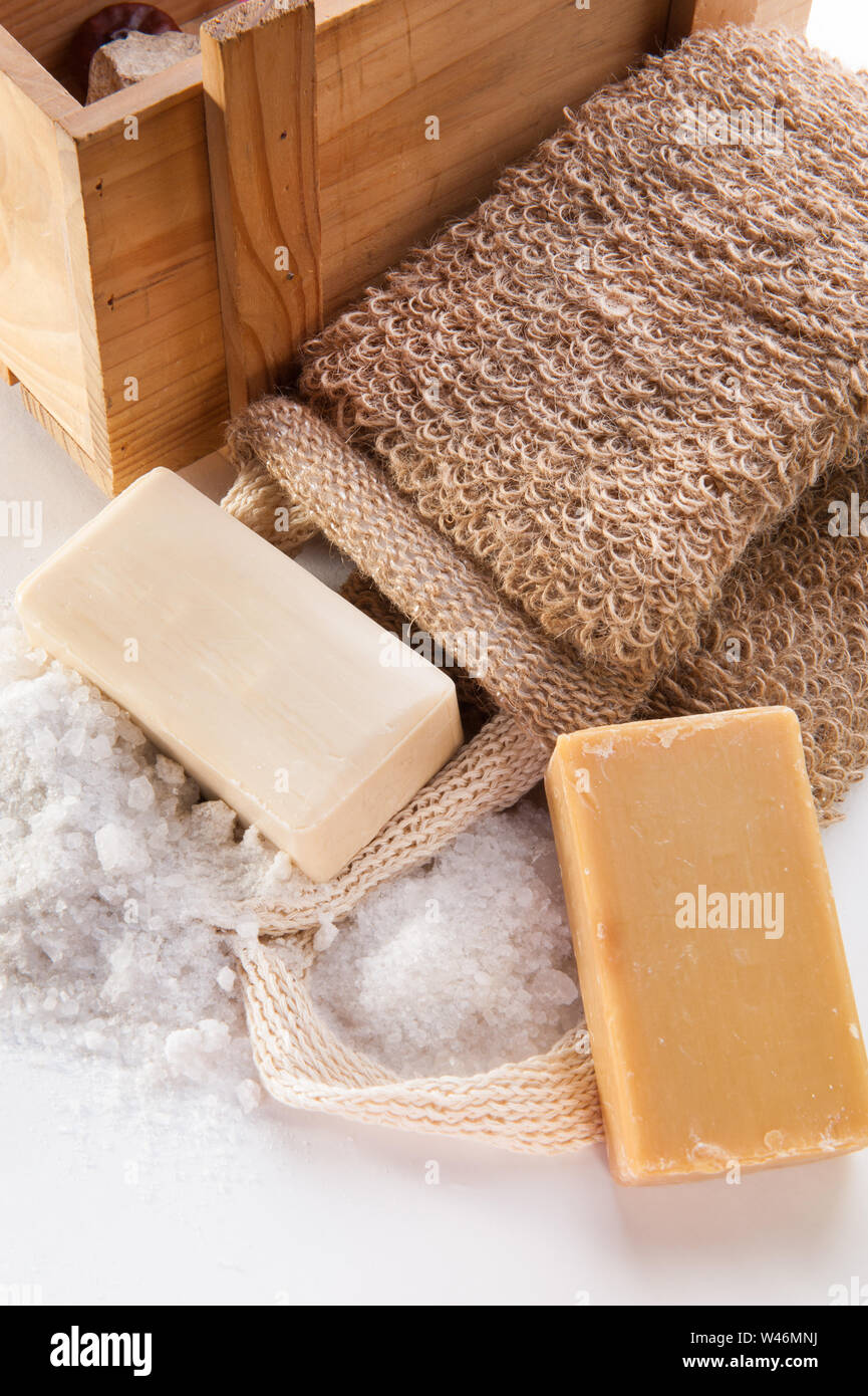washcloth with white soap on white background Stock Photo