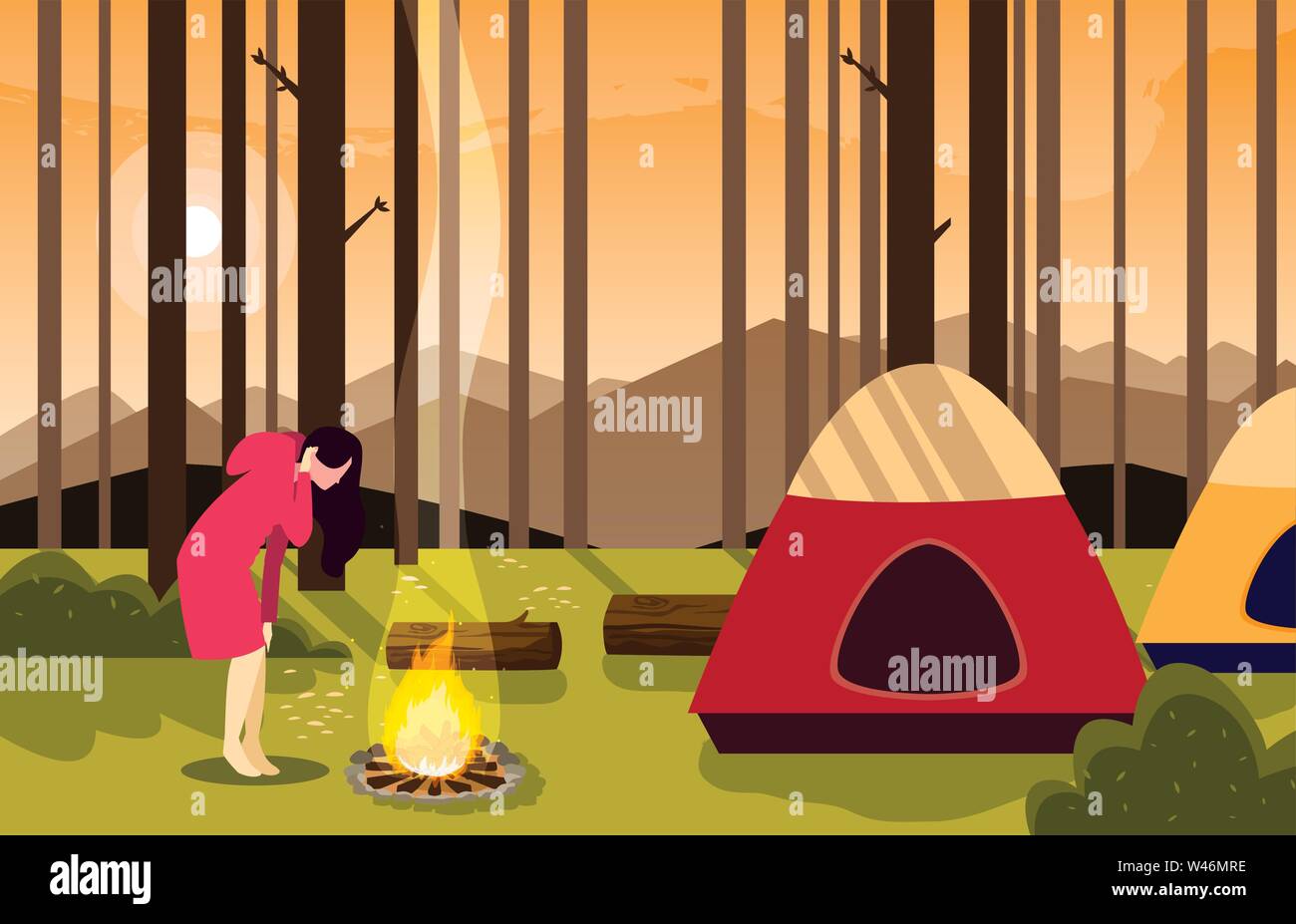 woman camping campfire forest tent vector illustration Stock Vector ...