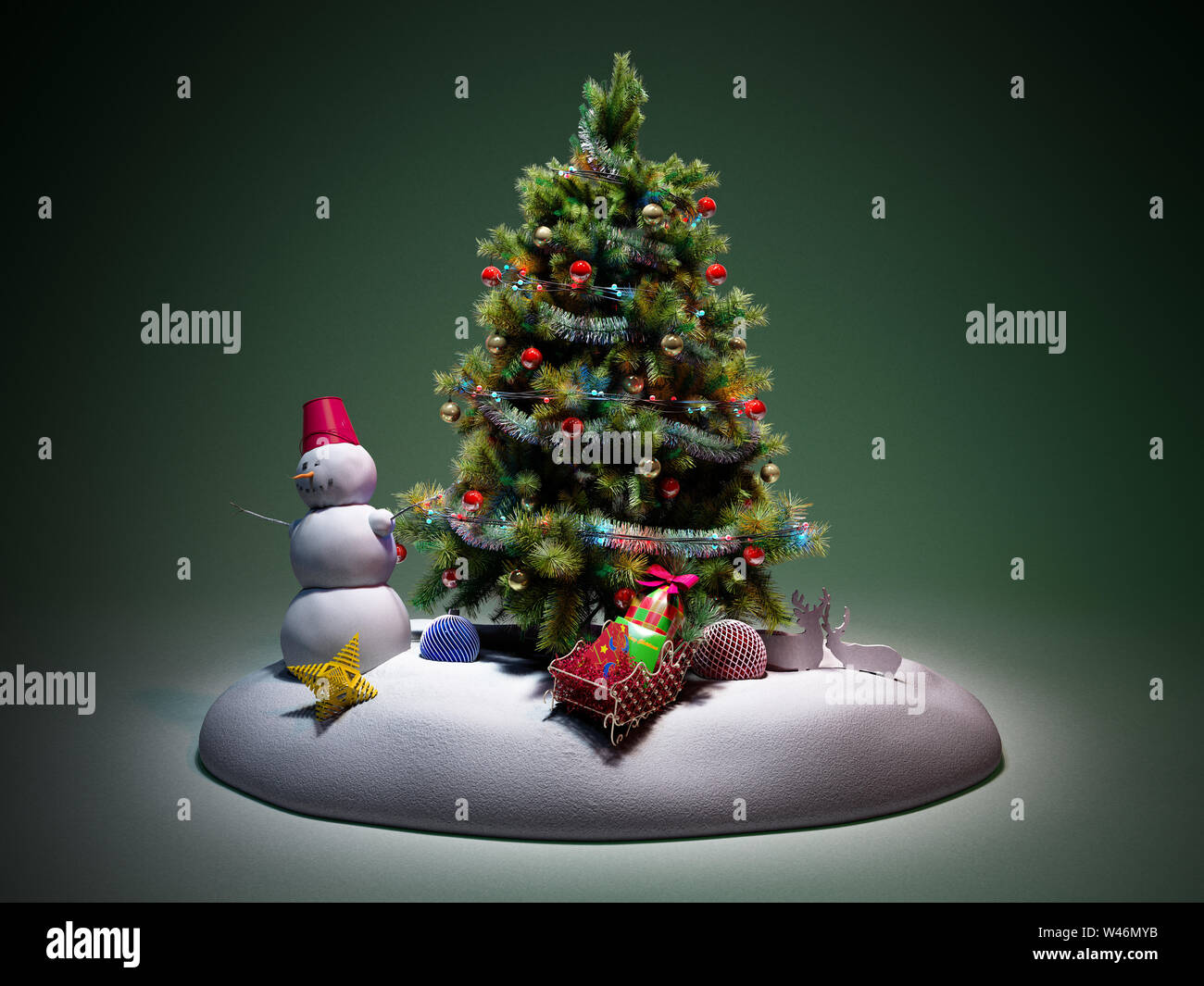 Christmas tree with colorful toys 3d render on darck green background ...