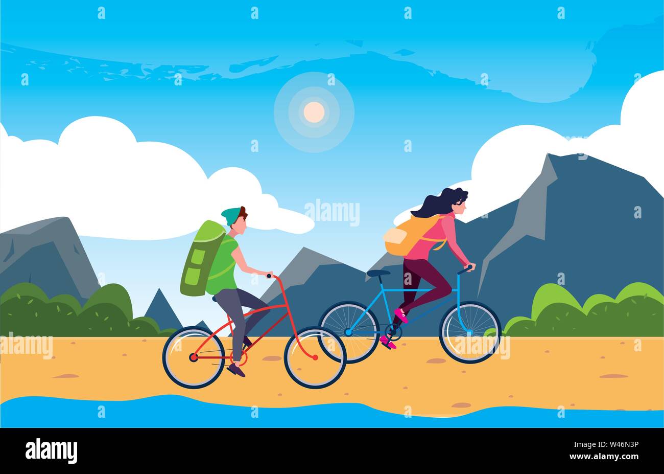 Couple Ride Vector couple riding bike in the landscape vector illustration Stock Vector ...