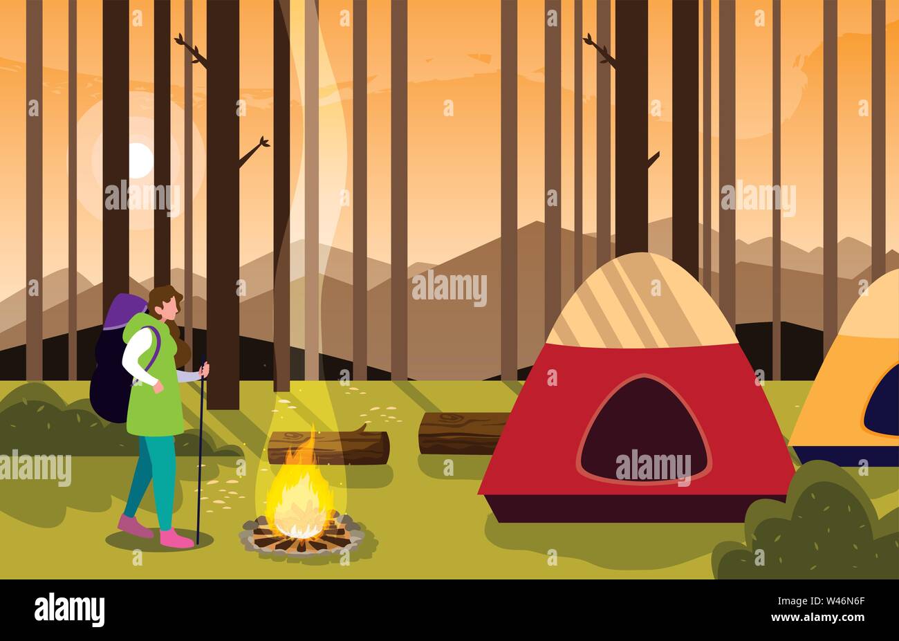 man camping campfire forest tent vector illustration Stock Vector Image ...
