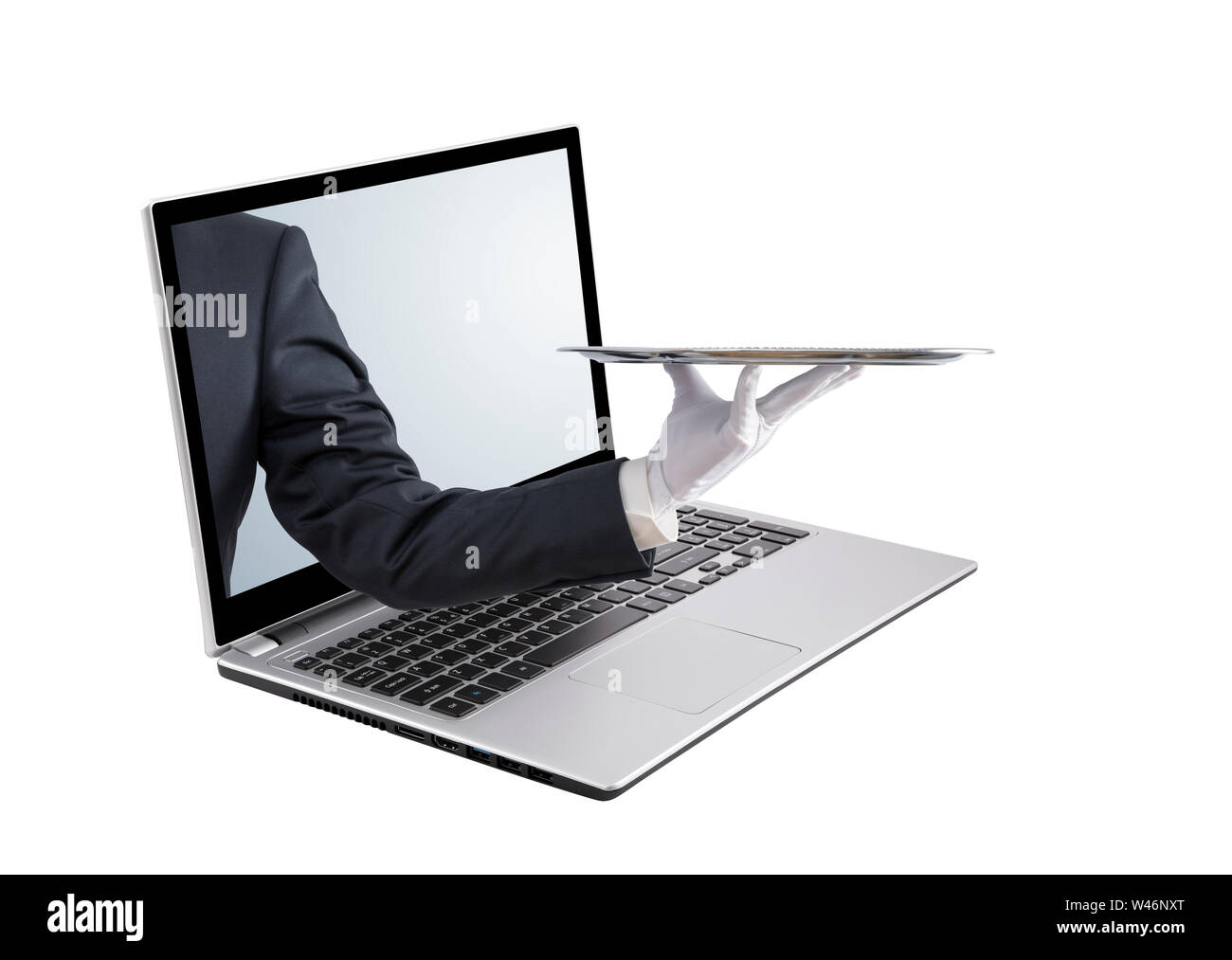 Waiter holding empty silver tray out of a laptop screen, isolated on white Stock Photo