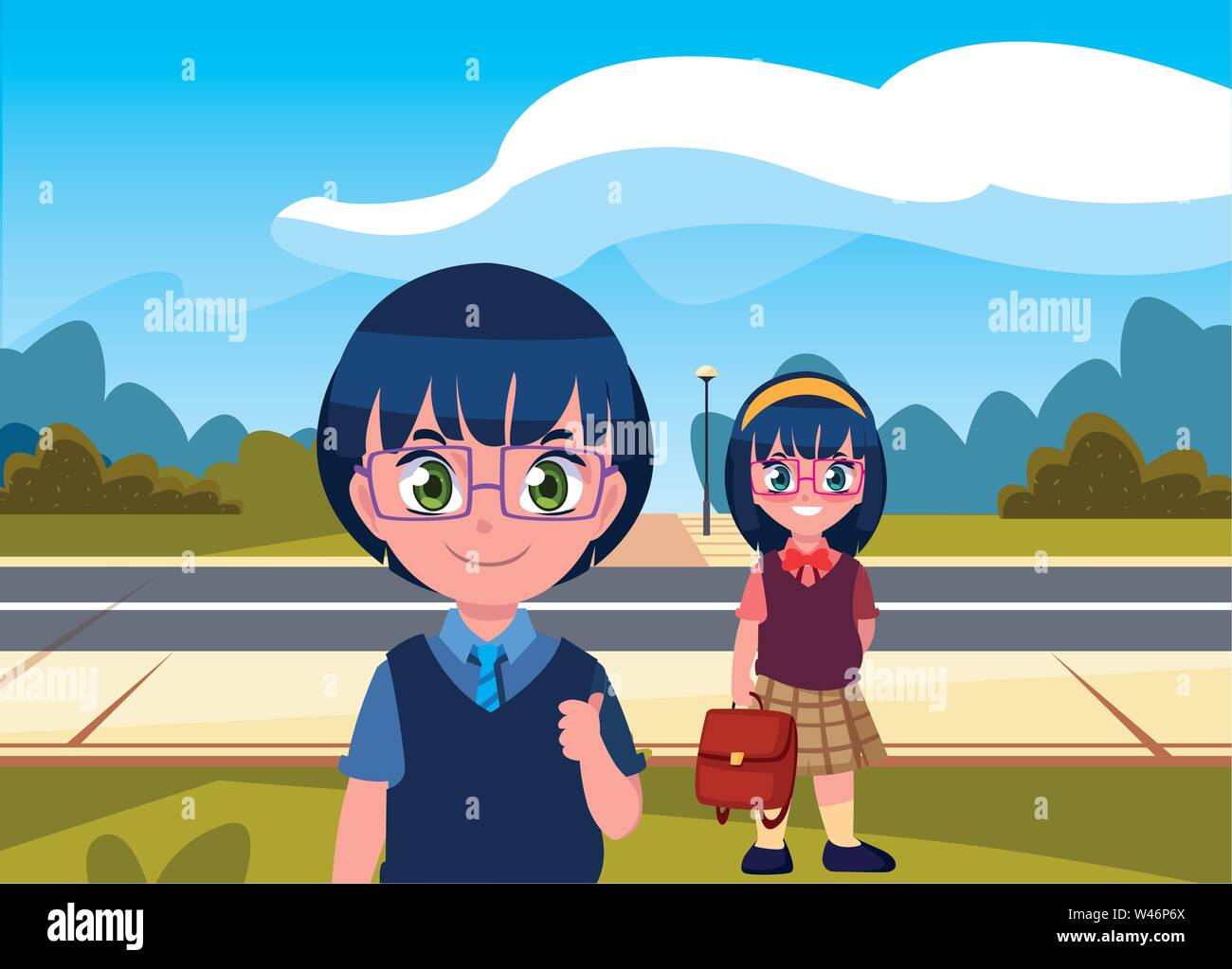 students boy and girl in the street back to school vector illustration Stock Vector