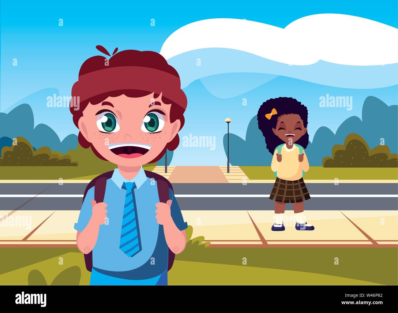 students boy and girl in the street back to school vector illustration Stock Vector