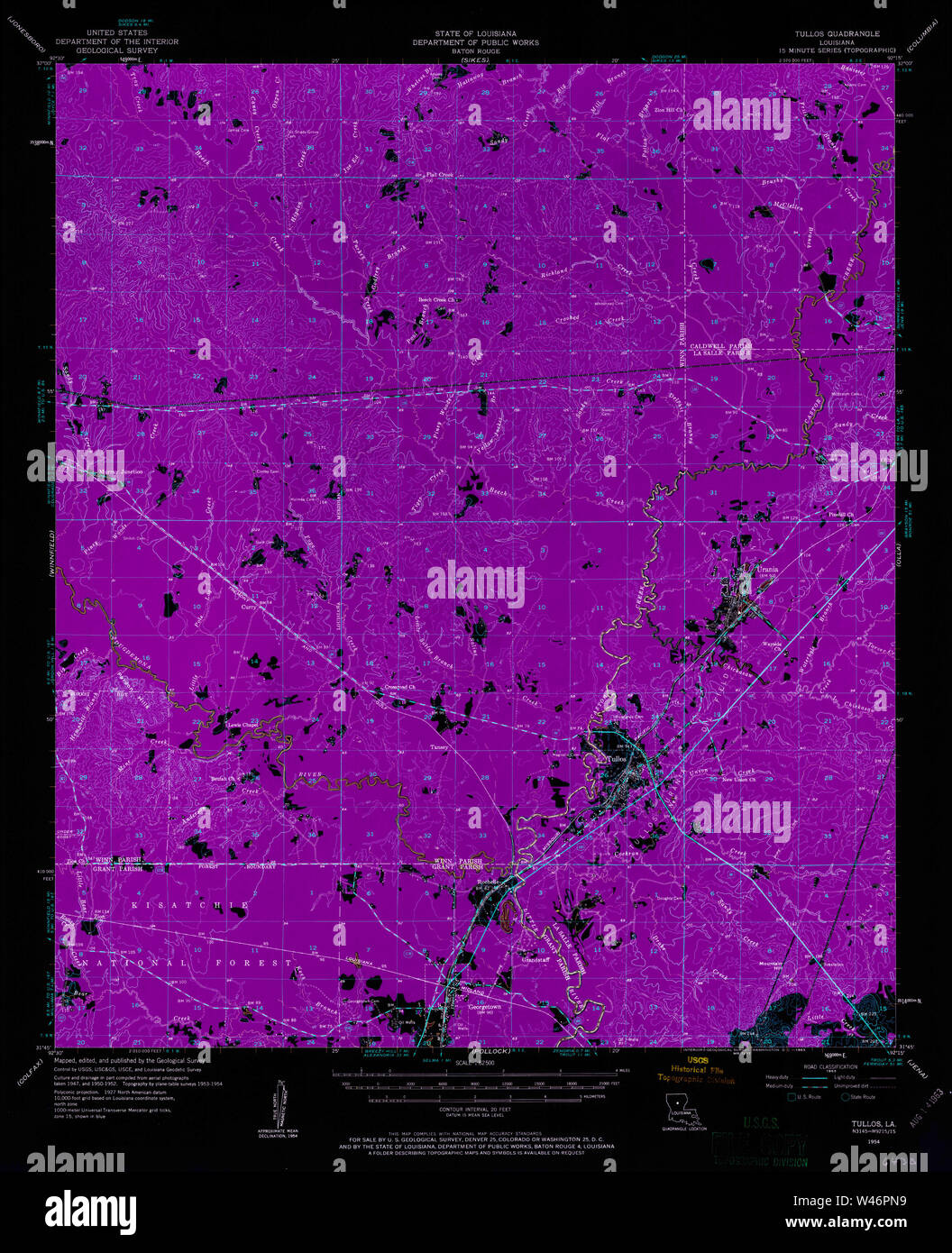 USGS TOPO Map Louisiana LA Tullos 335081 1954 62500 Inverted Stock Photo