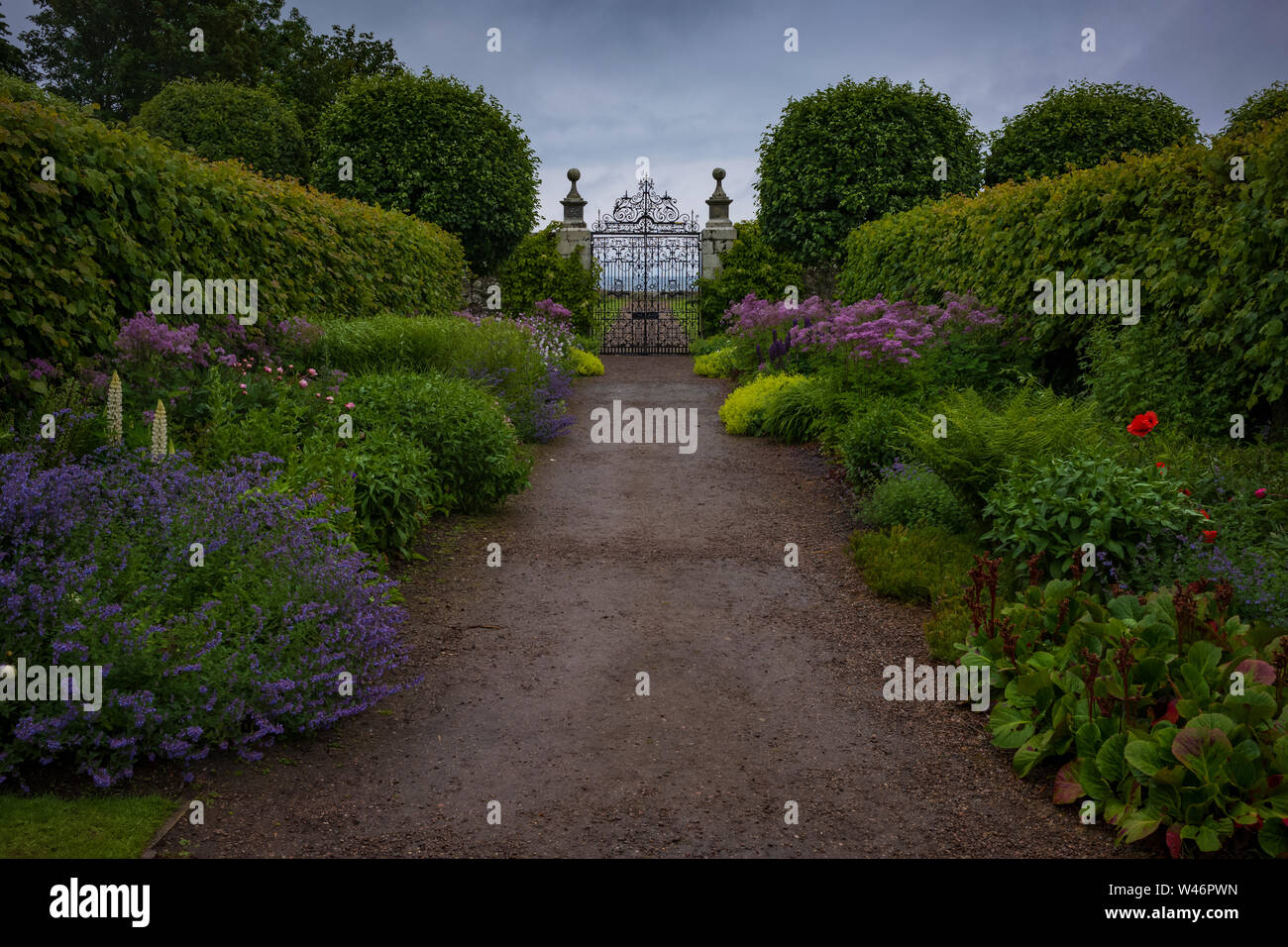 The gardens of Dunrobin Castle, a stately home in Sutherland, in the Scottish Highlands along of the North-Coast-500. Stock Photo