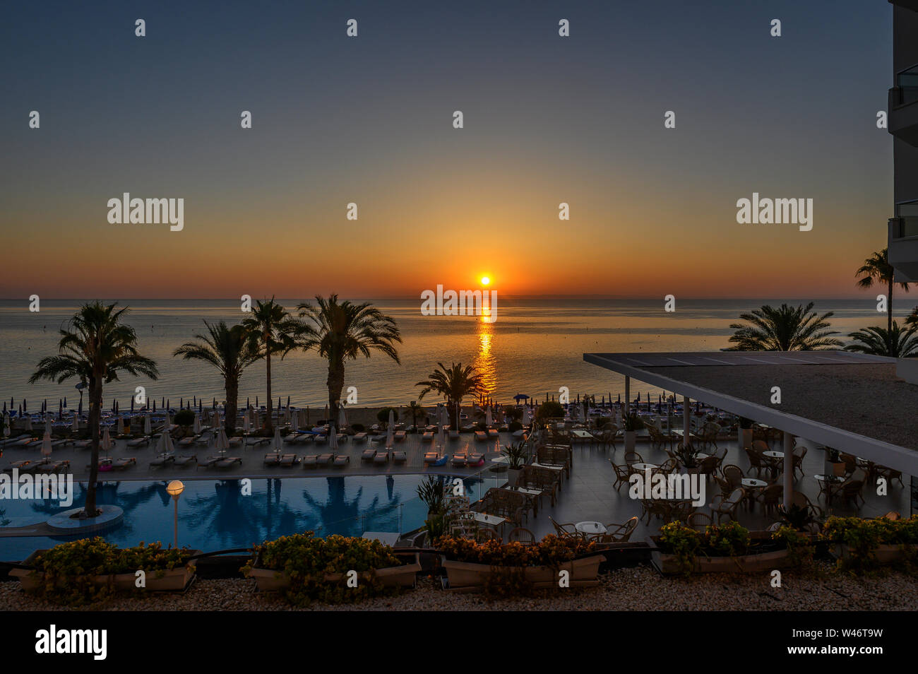 Sunrise over Sunrise Beach in Protaras, Cyprus Stock Photo