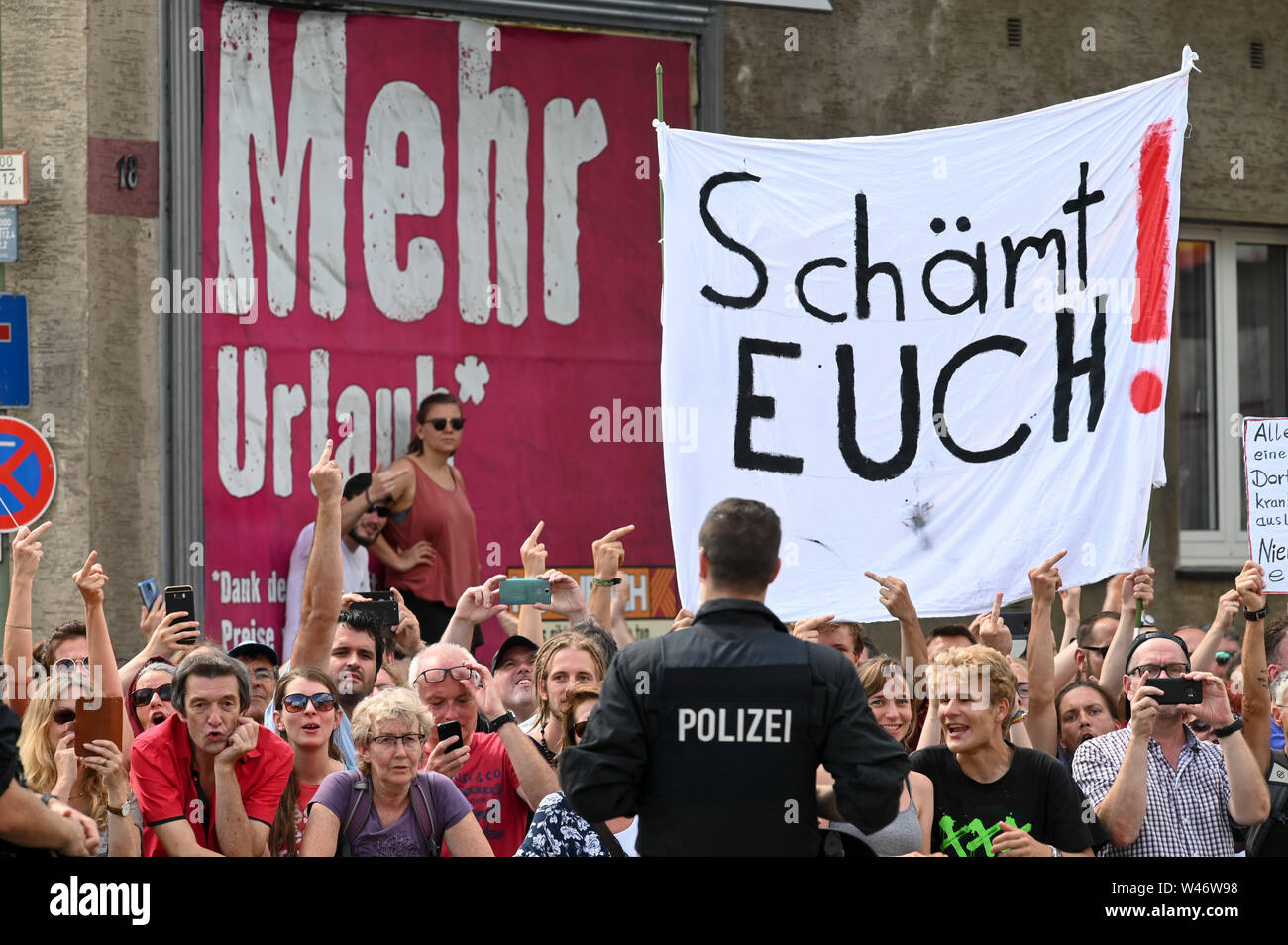 Hanover, Germany. Kassel, Germany. 20th July, 2019. Thousands demonstrate against the march of the extreme right-wing small party 'Die Rechte'. The party had called for a demonstration in Kassel against media prejudgement in connection with the Lübcke case. A massive police presence is to prevent possible riots between the two camps. Credit: Uwe Zucchi/dpa/Alamy Live News Stock Photo