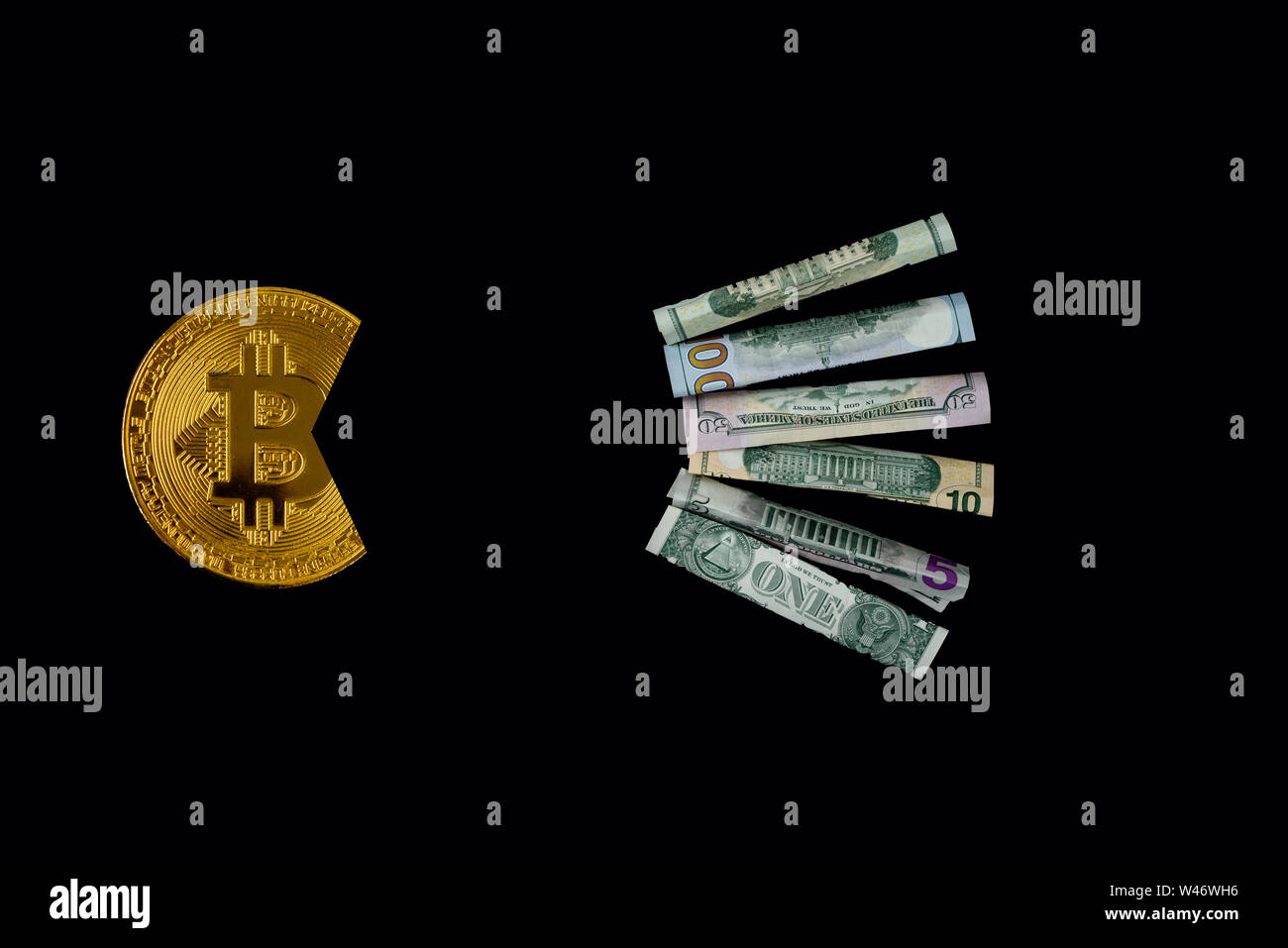 Bitcoin eating dollar. For articles or publications : Bitcoin vs USD dollar,  Is Strong,Stable and Better Than Gold and other currencies.Copy space for  Stock Photo - Alamy