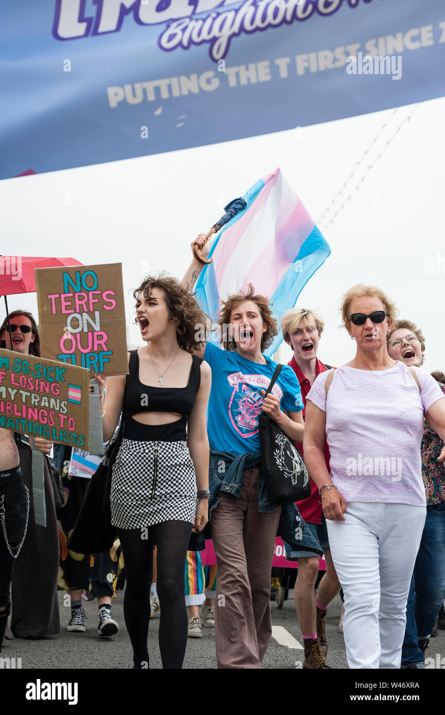 Brighton, East Sussex, 20th July 2019. Trans Pride march from the Marlborough pub to Brunswick Square Gardens, Brighton. Trans Pride Brighton has been running since 2013, and is the biggest Trans Pride event in Europe to support the rights of trans, non-binary, intersex, gender-variant and gender-queer people. Stock Photo