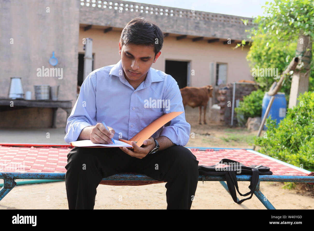 Executive working in a village Stock Photo Alamy