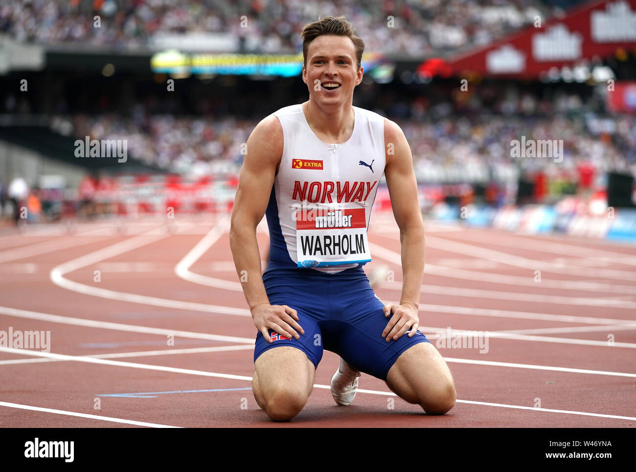Norway S Karsten Warholm Reacts After Taking First Place In The Men S 400m Hurdles Final During Day One Of The Iaaf London Diamond League Meet At The London Stadium Stock Photo Alamy