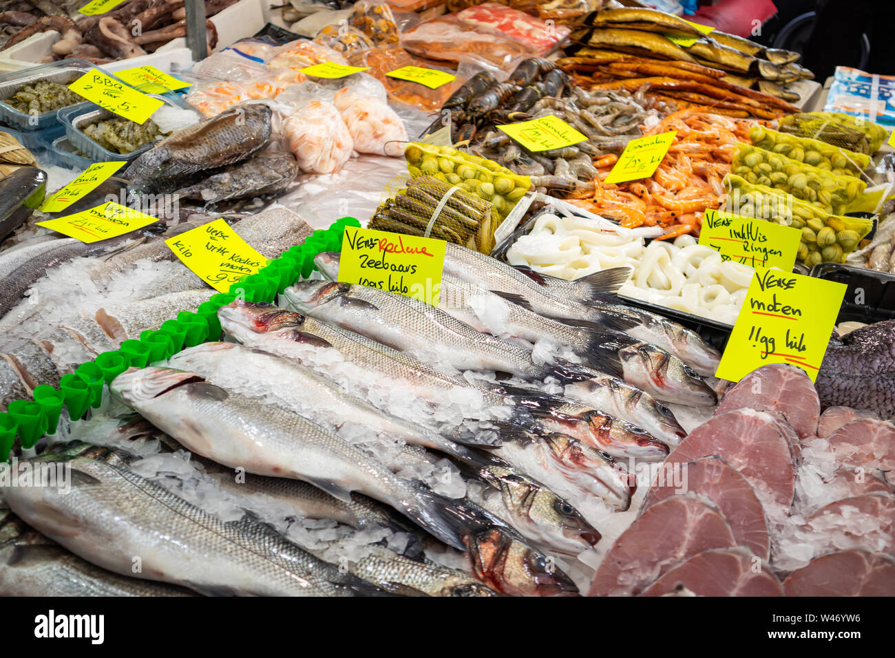 Rotterdam Netherlands, June 29, 2019. Fresh fish variety and seafood