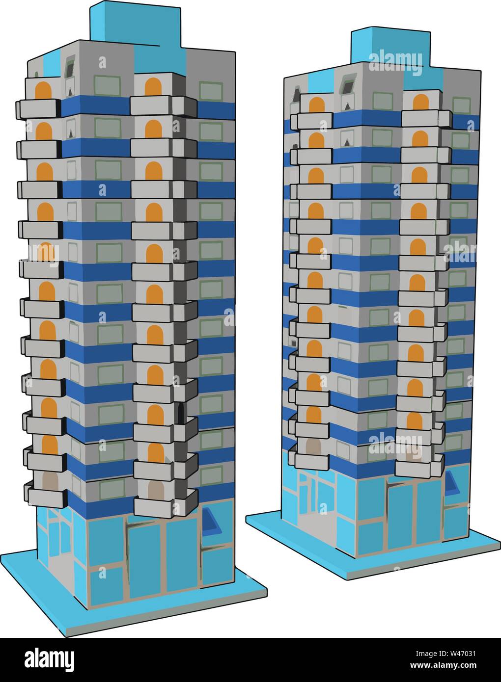 Tall blue buildings, illustration, vector on white background. Stock Vector