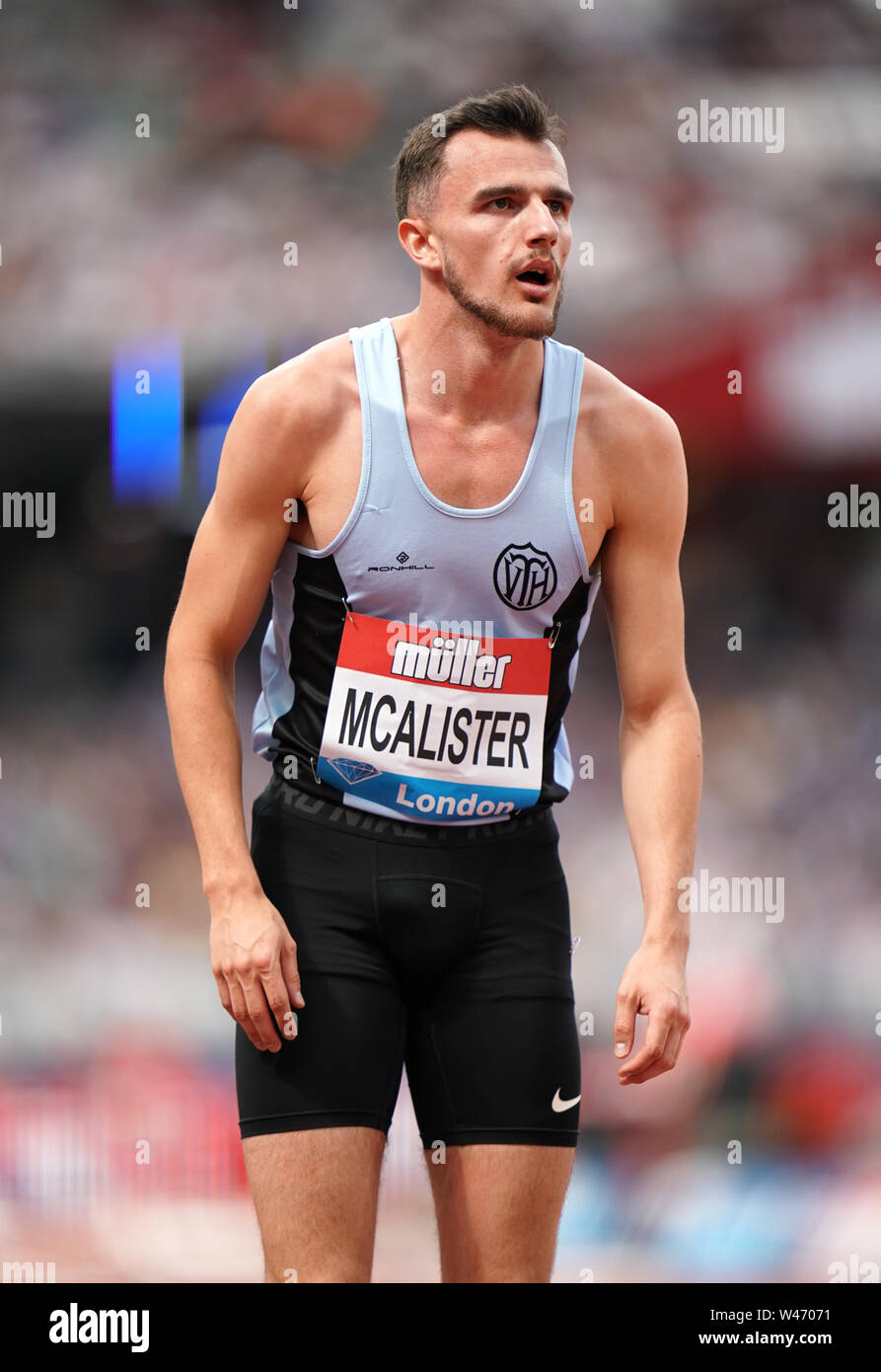 Great Britain’s Chris McAlister reacts after the Men’s 400m Hurdles