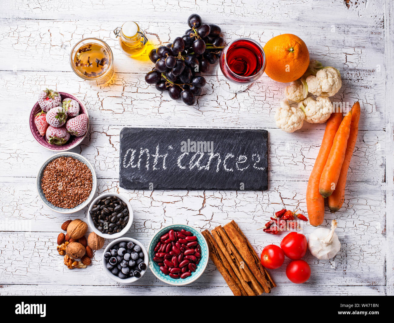 Cancer fighting products. Food for healthy life. Fruits, vegetables, beans, green tea and red
