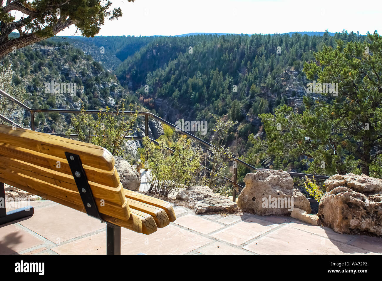 Bench enjoying the view in Walnut Canyon National Monument in Flagstaff Arizona Stock Photo