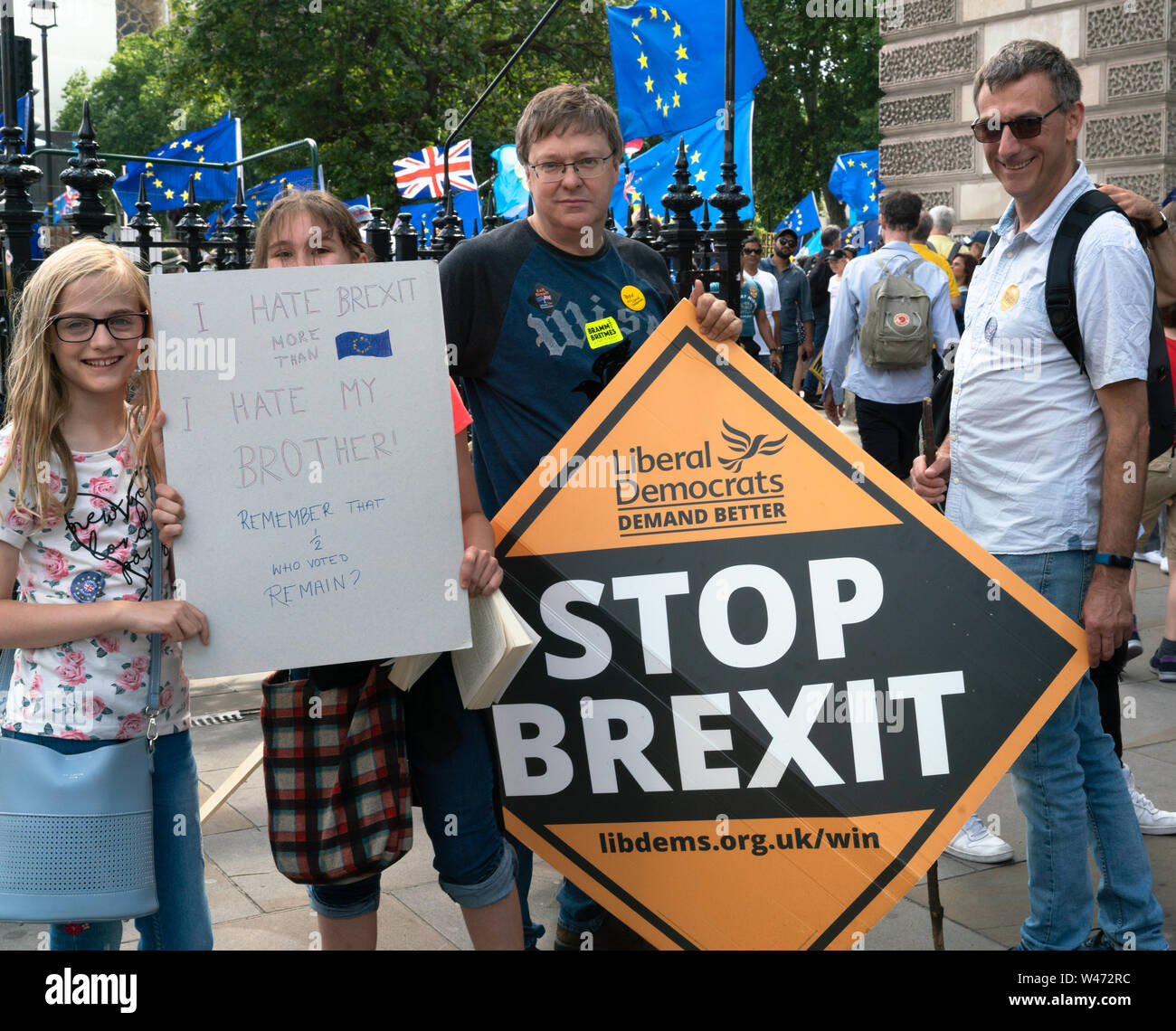 London, UK. July 20th 2019: Anti Brexit protesters gather in Parliament Square following a march through London. It has been estimated that 1 million people attended from all regions in the country Credit: Bridget Catterall/Alamy Live News Credit: Bridget Catterall/Alamy Live News Stock Photo