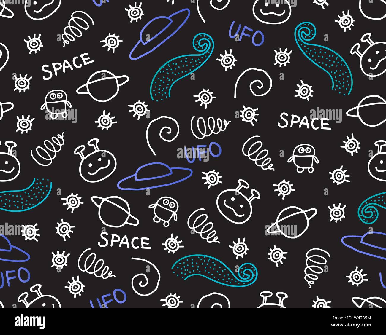 Wide Doodle seamless pattern Black Space Planet UFO rocket stars ...