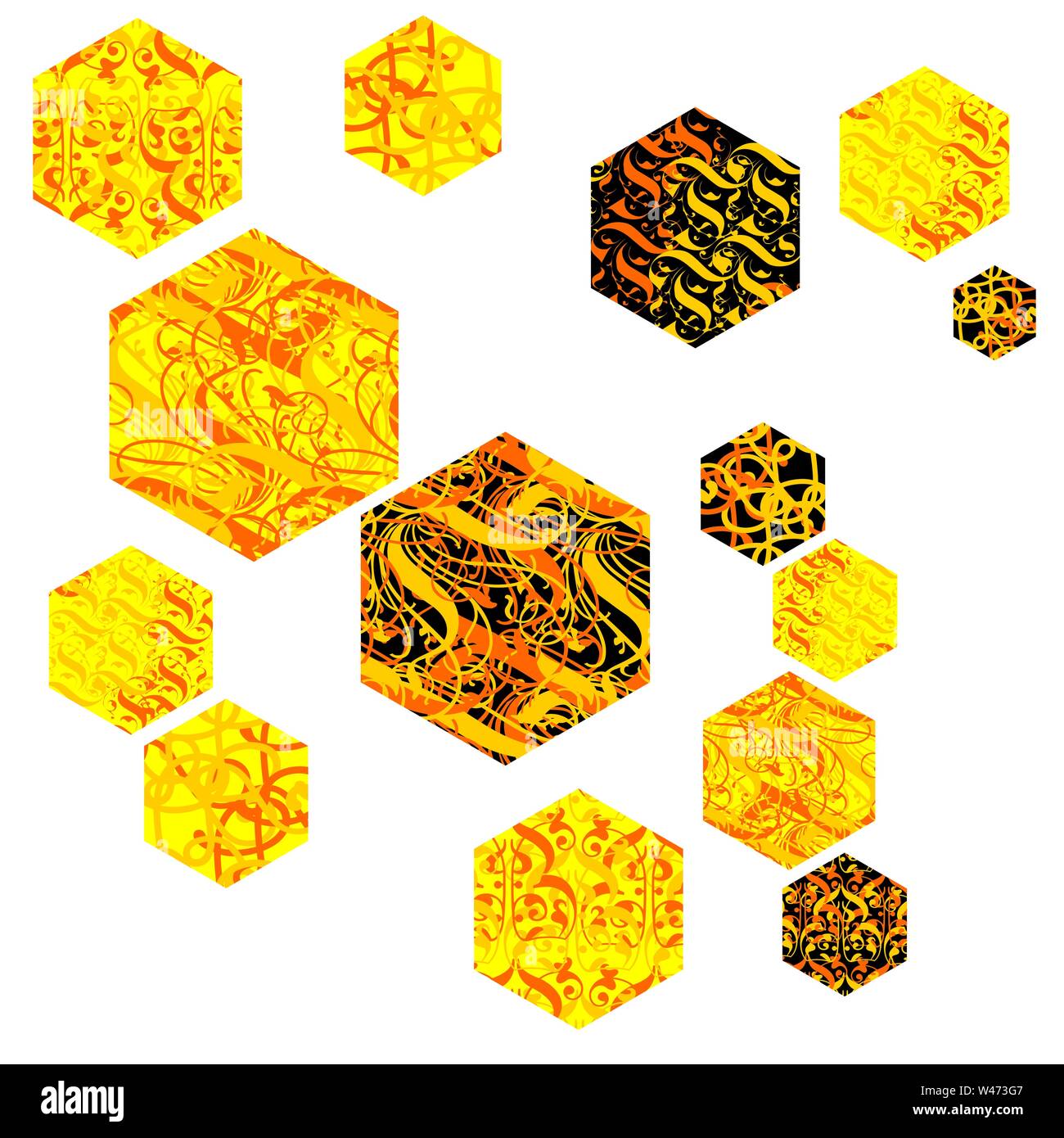 Vector ornamented trendy honeycom hexagons in shades of honey: golden, ornage, yellow, soft pink for your design and fabric prints. Stock Vector