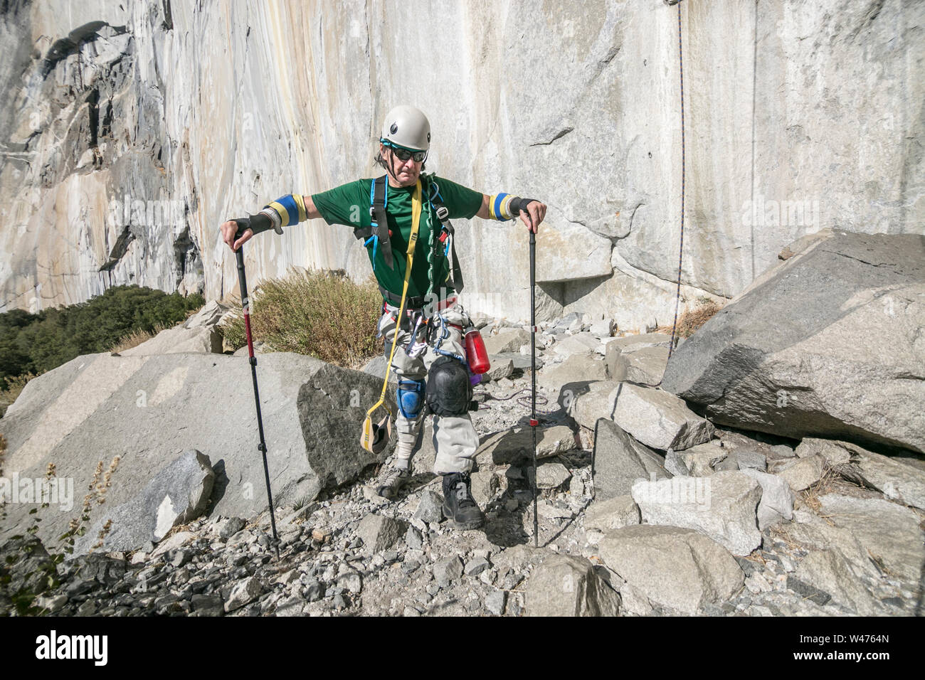 Adaptive climber Wayne Willoughby gets ready to climb El Capitan Stock Photo