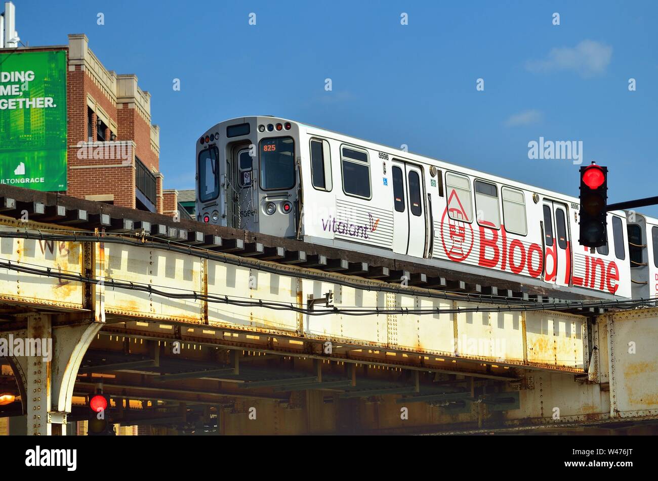Chicago, Illinois, USA. A CTA Red Line rapid transit train adorned with