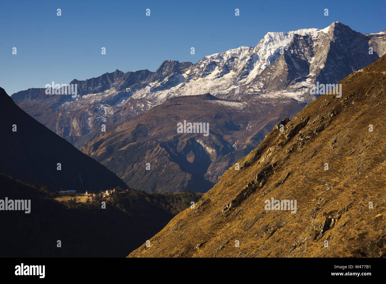 High view towards the monastry of Tengboche, Everest region, Nepal Stock Photo