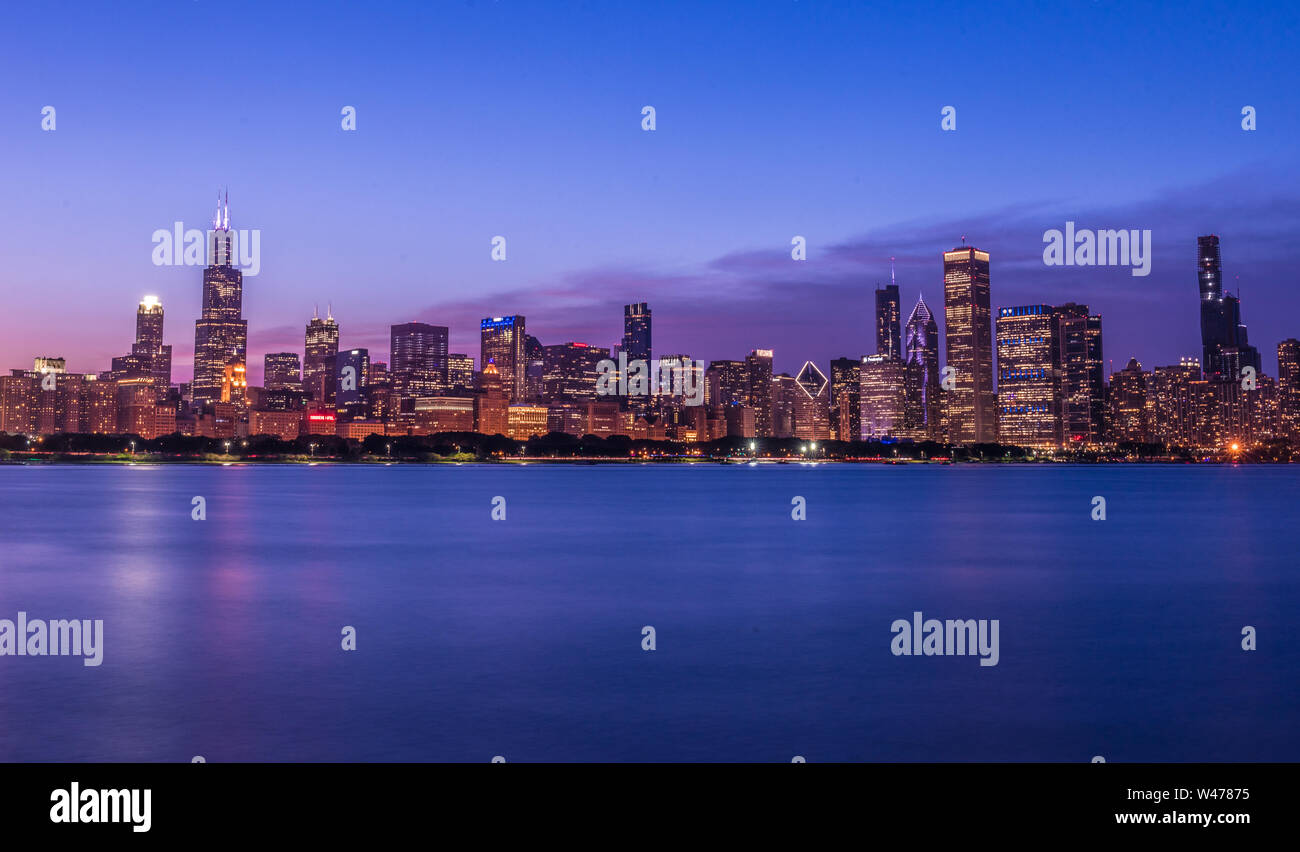 Chicago skyline after sunset, shot from Adler Planetarium Stock Photo
