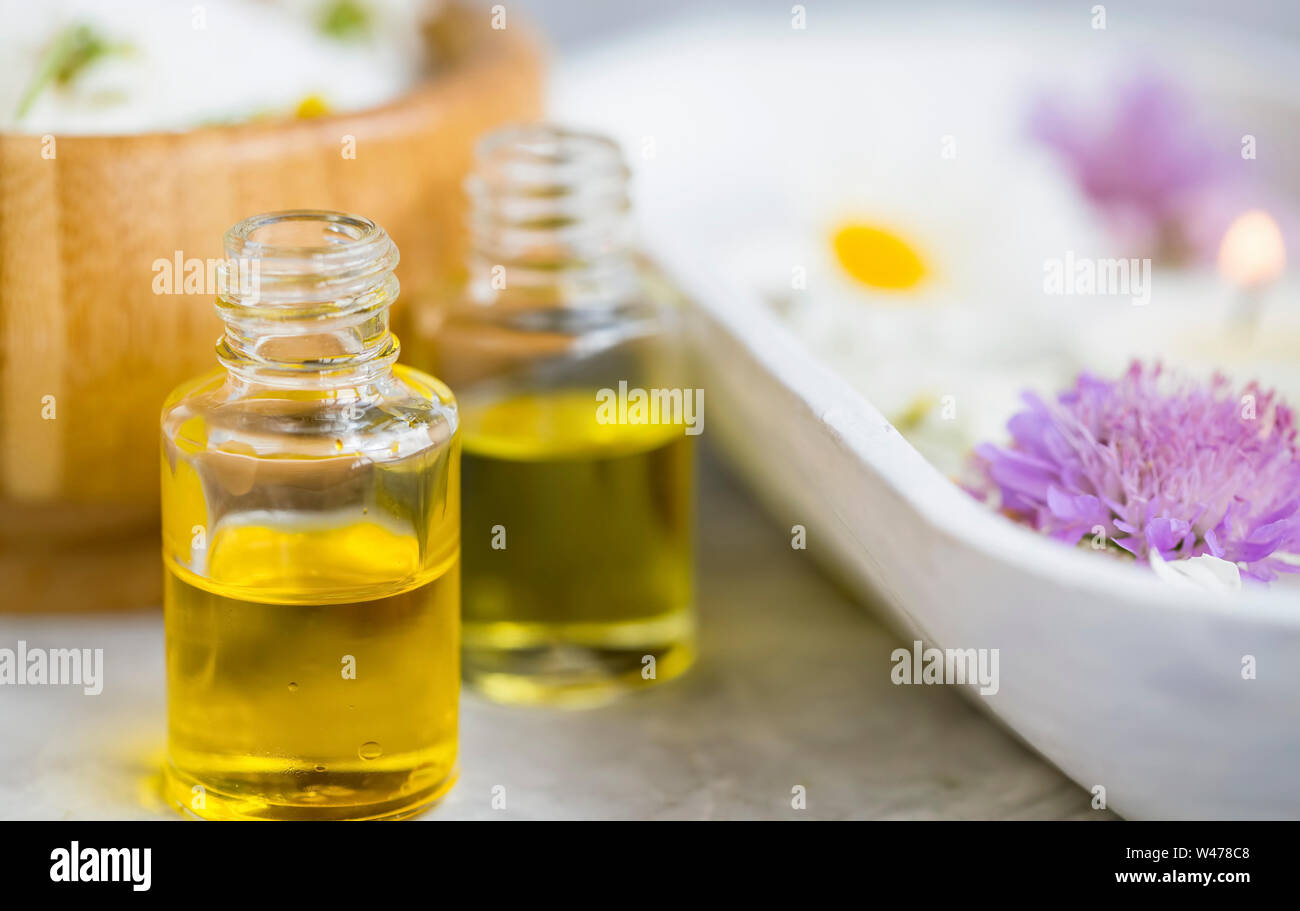 Spa still life setting with oil bottle for beauty treatments, spa and wellness still life background Stock Photo