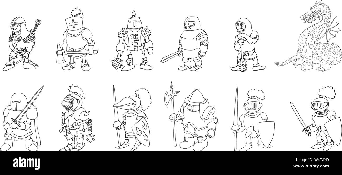Coloring page set of cartoon medieval knights prepering for Knight Tournament Stock Vector