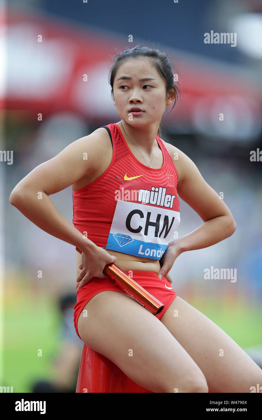 London Stadium, London, UK. 20th July, 2019. IAAF Muller Anniversary Games Athletics; Xiaojing Liang of China awaits the start of the women's 4x100m relay Credit: Action Plus Sports Images/Alamy Live News Stock Photo