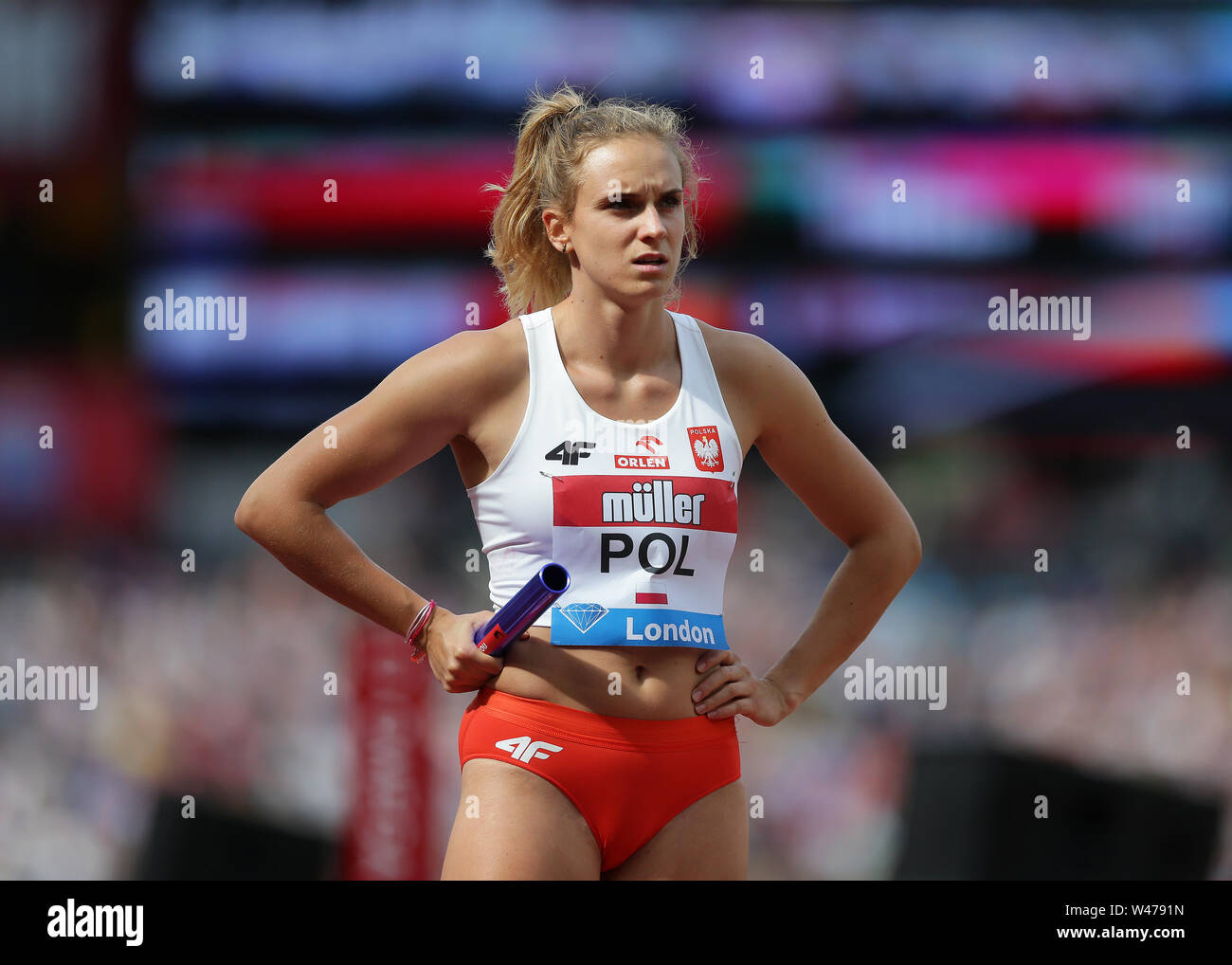 London Stadium, London, UK. 20th July, 2019. IAAF Muller Anniversary Games Athletics; Kamila Ciba of Poland awaits the start of the women's 4x100m relay Credit: Action Plus Sports Images/Alamy Live News Stock Photo