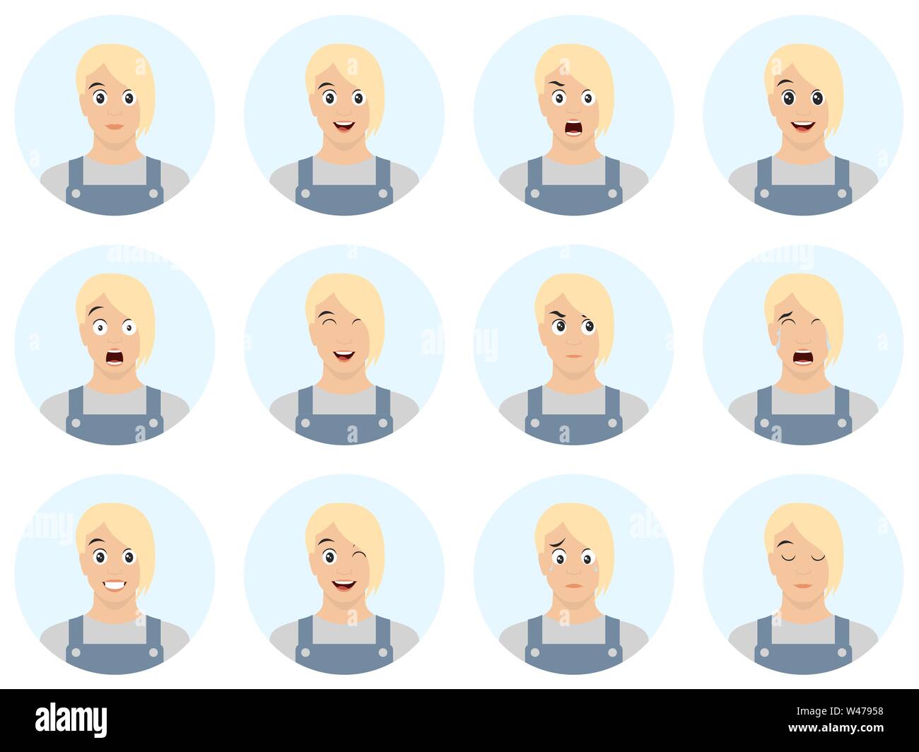 Set of male facial emotions. Handsome blond man emoji character with different expressions. Vector illustration in cartoon style. Avatar set. Stock Vector