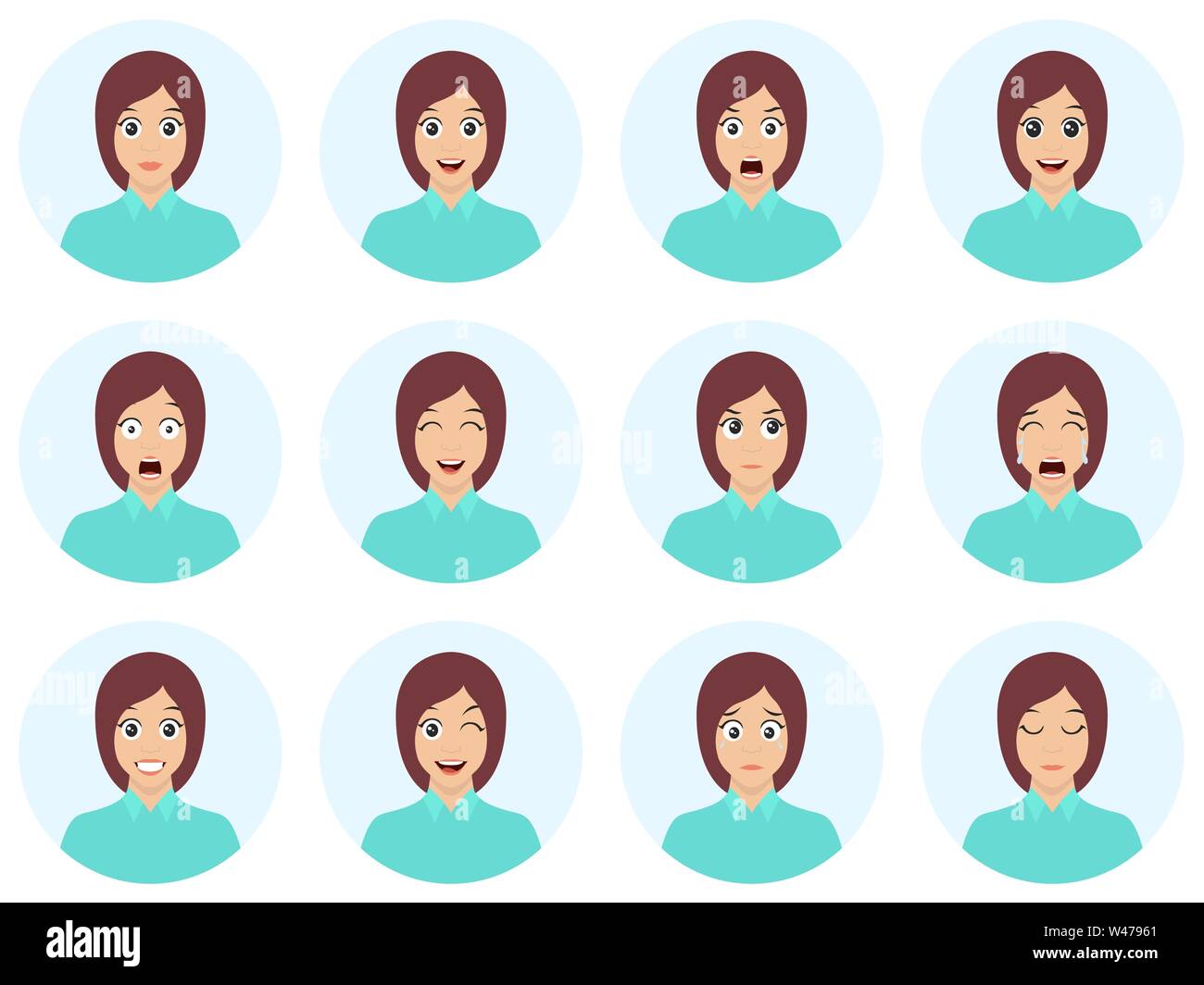 Set of woman's emotions. Cute brunette facial expression. Girl avatar. Flat design vector illustration of different facial expressions. Stock Vector