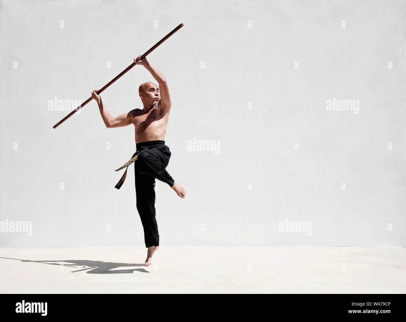 Black belt man practicing martial arts with a long stick Stock Photo Alamy
