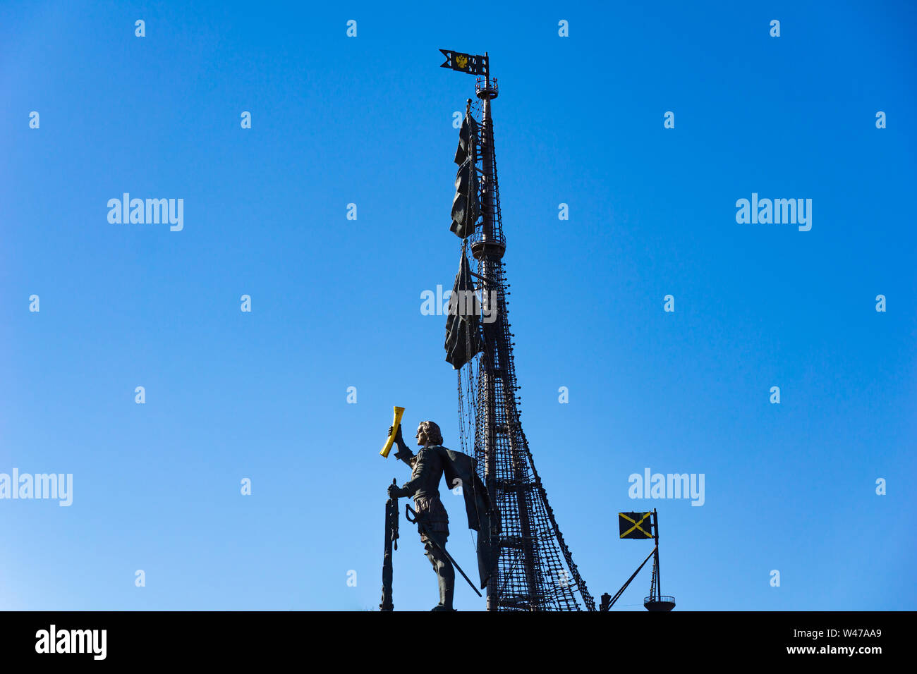 Moscow, Russia - April 28, 2019: View of the Monument to Peter the Great on the Spit of the Moscow River and the bypass channel on a summer day Stock Photo