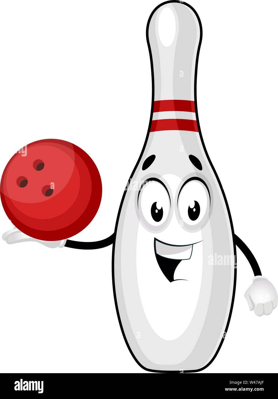 Bowling pin with bowling ball, illustration, vector on white background. Stock Vector