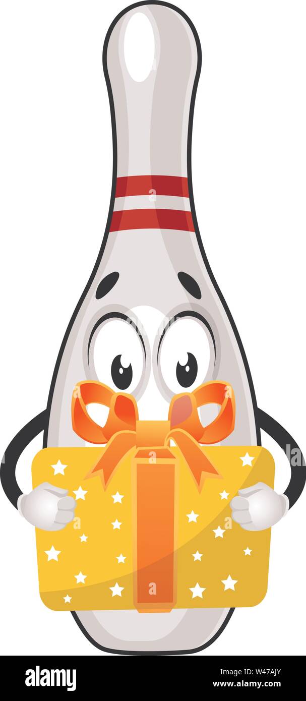 Bowling pin with birthday present, illustration, vector on white