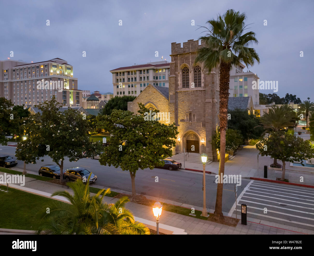 Aerial night view of the All Saints Episcopal Church at Pasadena