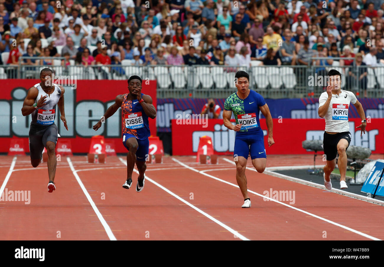 London, UK. 20th July, 2019. LONDON, ENGLAND. JULY 20: L-R Yohan Blake (JAM) and Arthur Cisse (CIV) Yuki Koike (JPN) and Yoshihide (JPN) Competing in 100M Men's Final during Day One of the Muller Anniversary Games at London Stadium on July 20, 2019 in London, England. Credit: Action Foto Sport/Alamy Live News Stock Photo