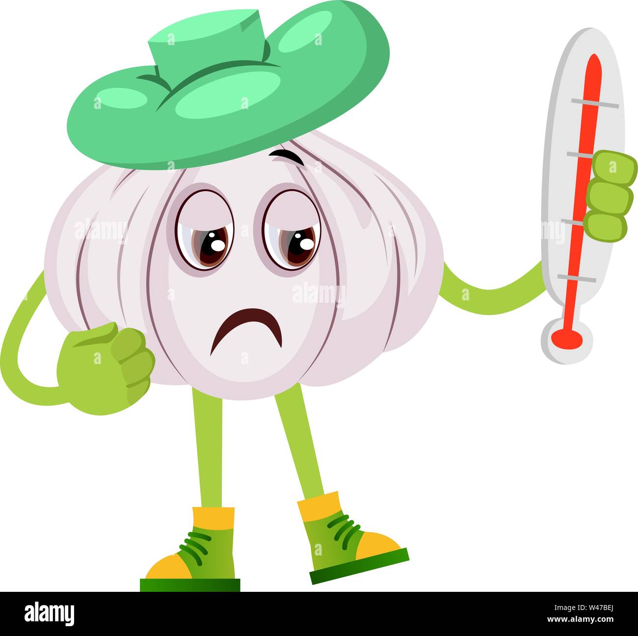 Garlic is feeling sick, illustration, vector on white background Stock
