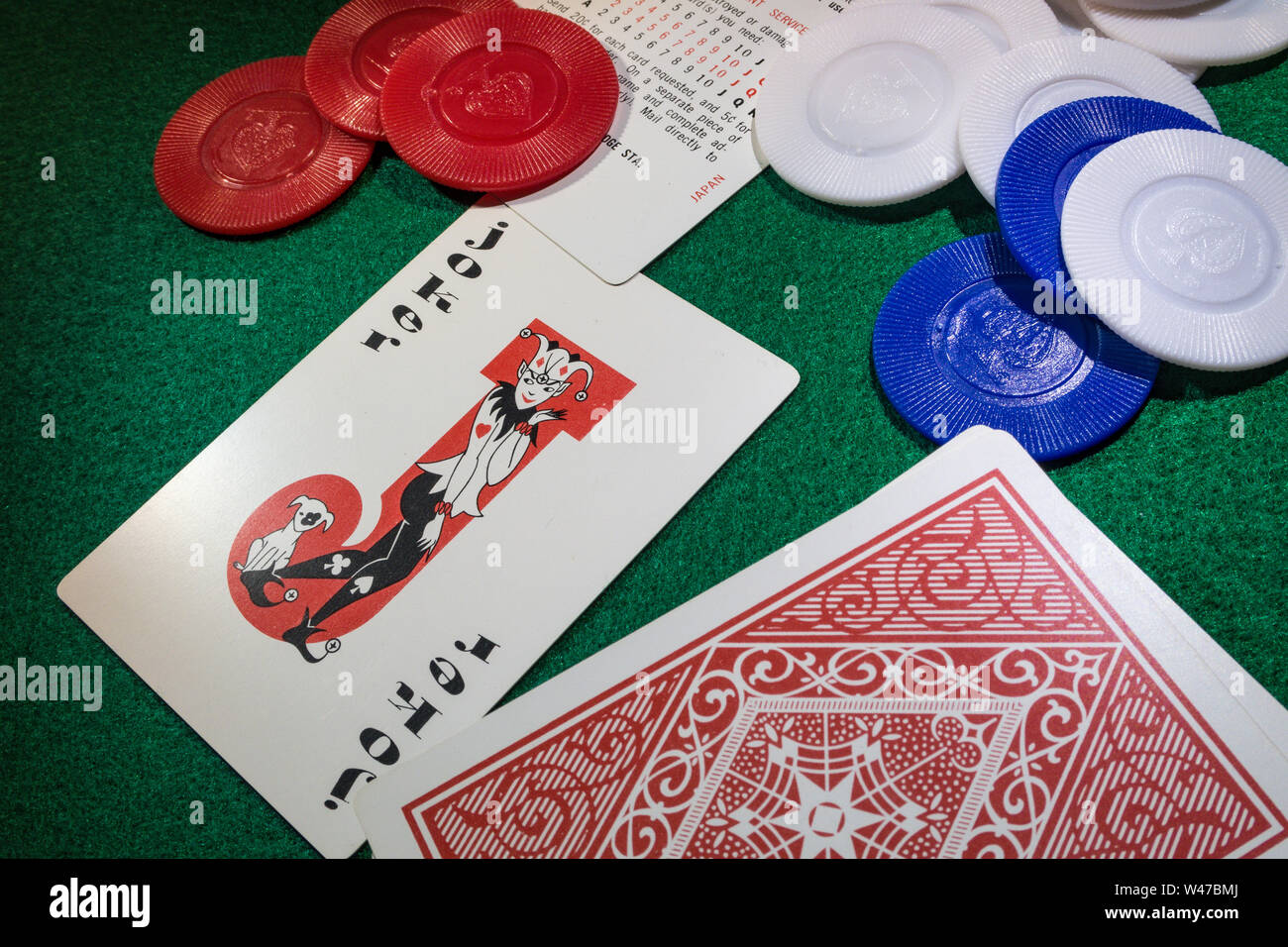 Joker Card, Chips and Down Cards on a Green Felt card Table, USA Stock Photo
